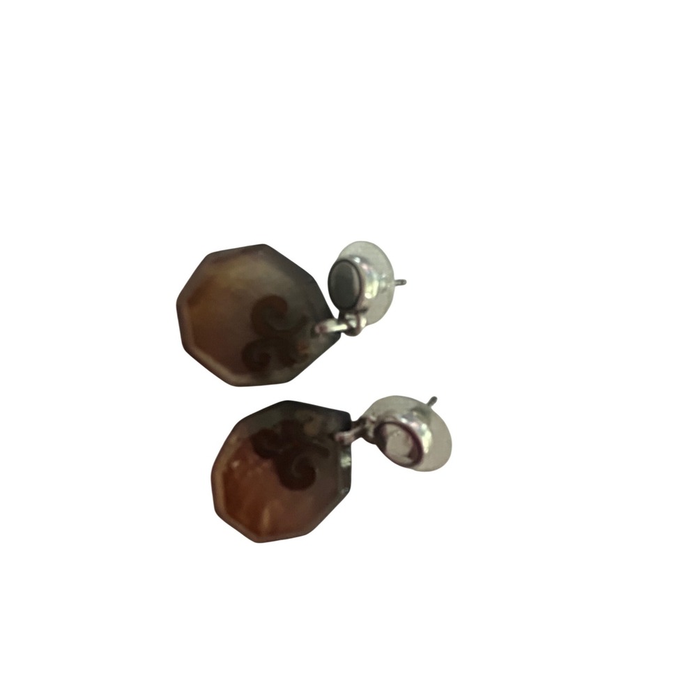 Vintage Style Tortoise Shell Octagon Drop Earrings Fleur De Lis Brwn Silver Tone
